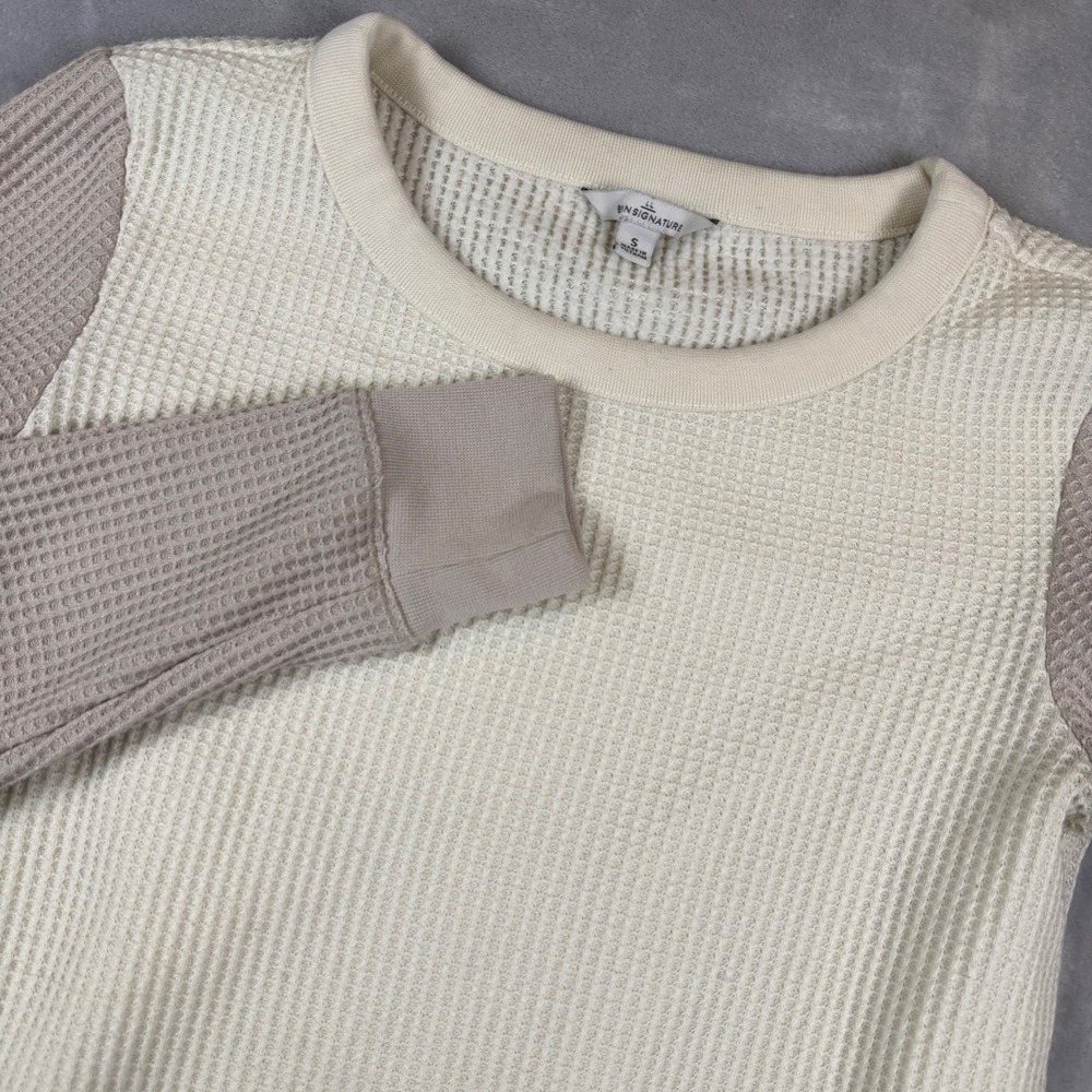 LL Bean SIGNATURE Women's Cream & Tan Waffle Knit Long Sleeve Top Size S*